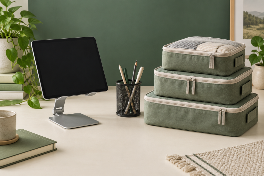 Tablet em suporte, porta-canetas e organizadores de mala sobre uma mesa