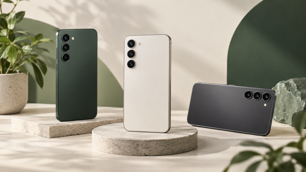 Três celulares modernos em cenário minimalista verde e creme