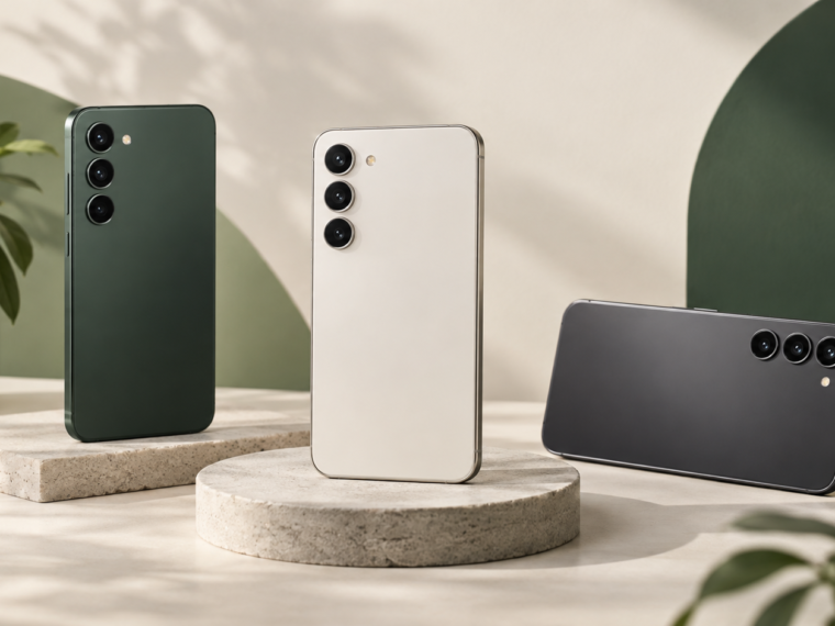 Três celulares modernos em cenário minimalista verde e creme