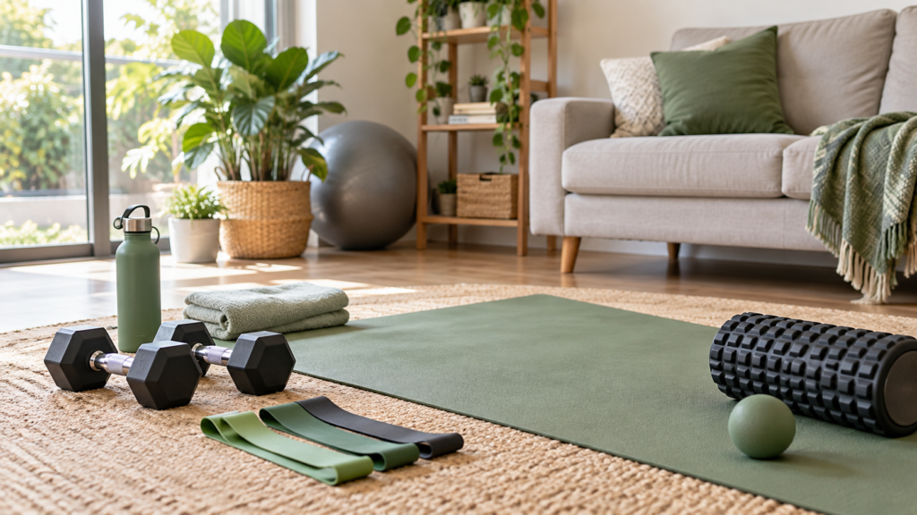 Equipamentos para treino em casa com tapete, halteres e elásticos