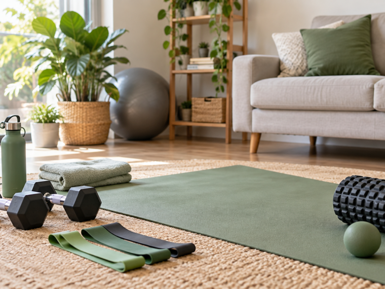 Equipamentos para treino em casa com tapete, halteres e elásticos